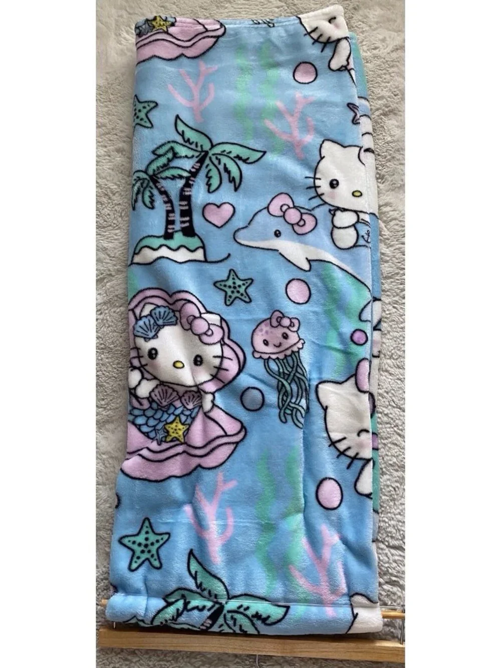 Hello Kitty Mermaid Dolphin Jellyfish Soft Throw Blanket Blue Pink 50” X 70” NEW